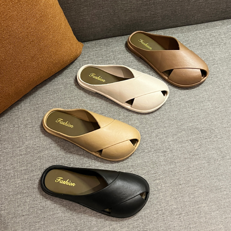 复古包头网红夏季鱼嘴拖鞋女外穿一脚蹬法式平底罗马沙滩拖鞋女生