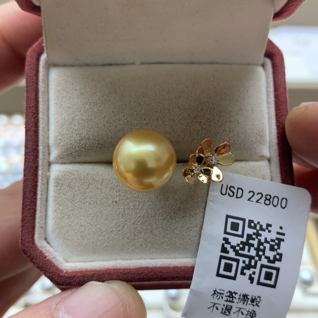 海水珍珠戒指18K金镶嵌10-11南洋金珠戒指