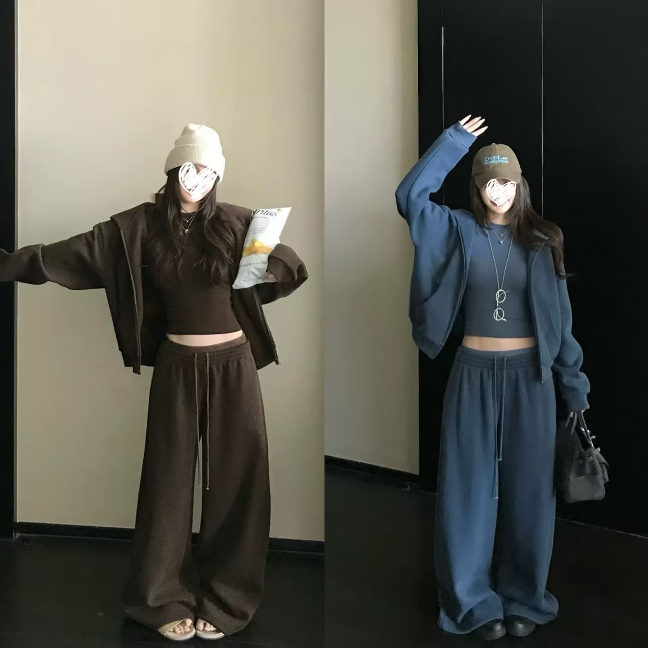 早秋松弛慵懒纯色外套+修身显瘦打底衫+宽松阔腿裤三件套  60022