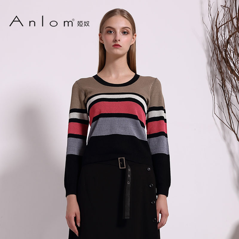 Anlom/娅奴秋装新款长袖圆领套头桑蚕丝修身针织衫女条纹打底衫