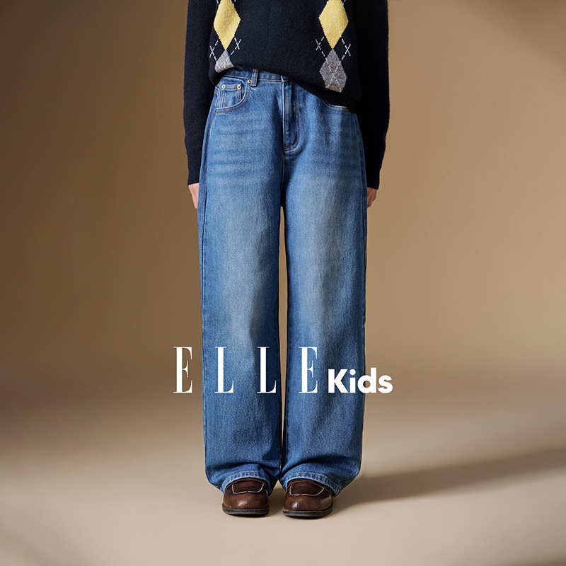 ELLE KIDS 绣花牛仔弯刀裤女童秋季新款法式学院经典水洗裤子F5