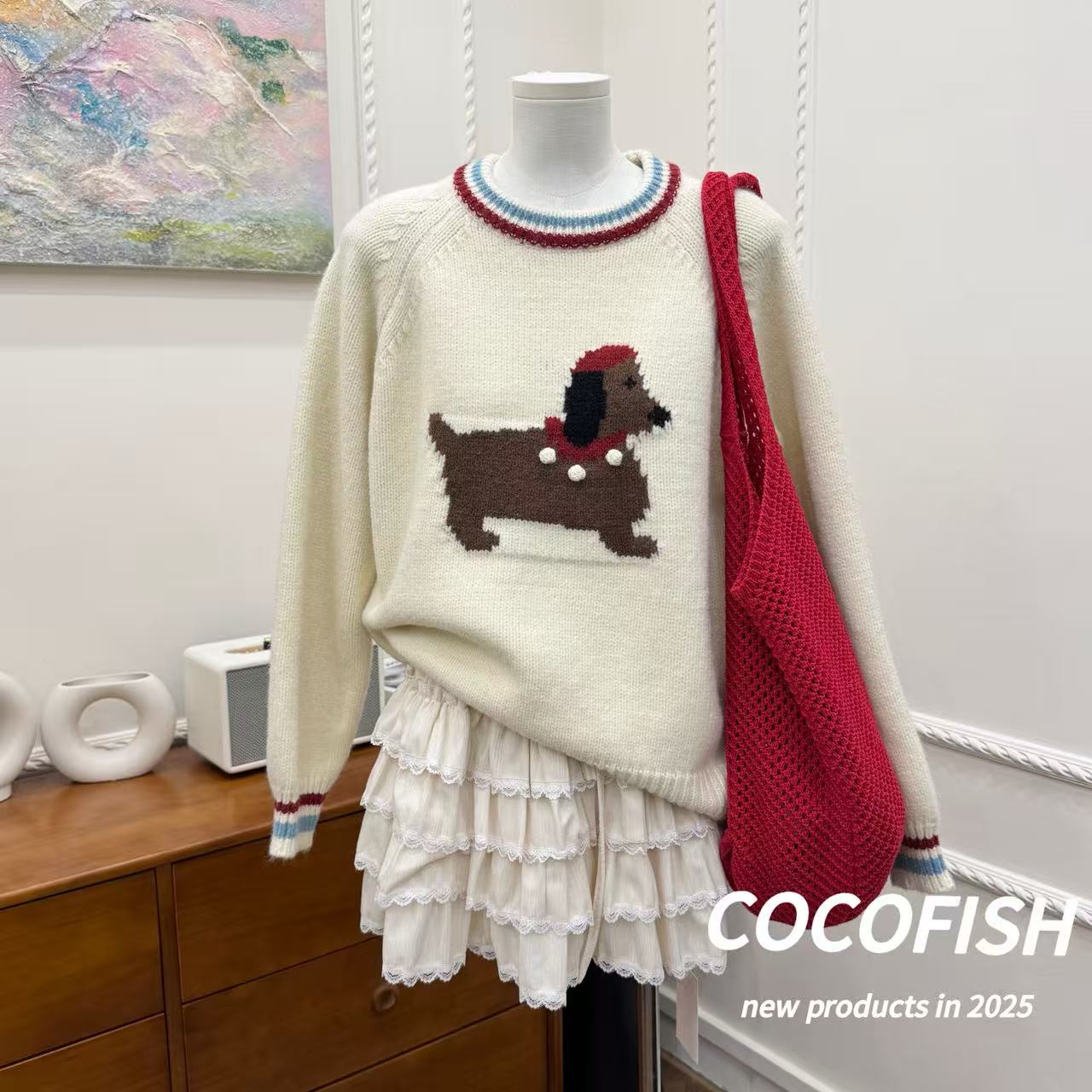 甜美圆领撞色韩版宽松百搭针织毛衣#9221