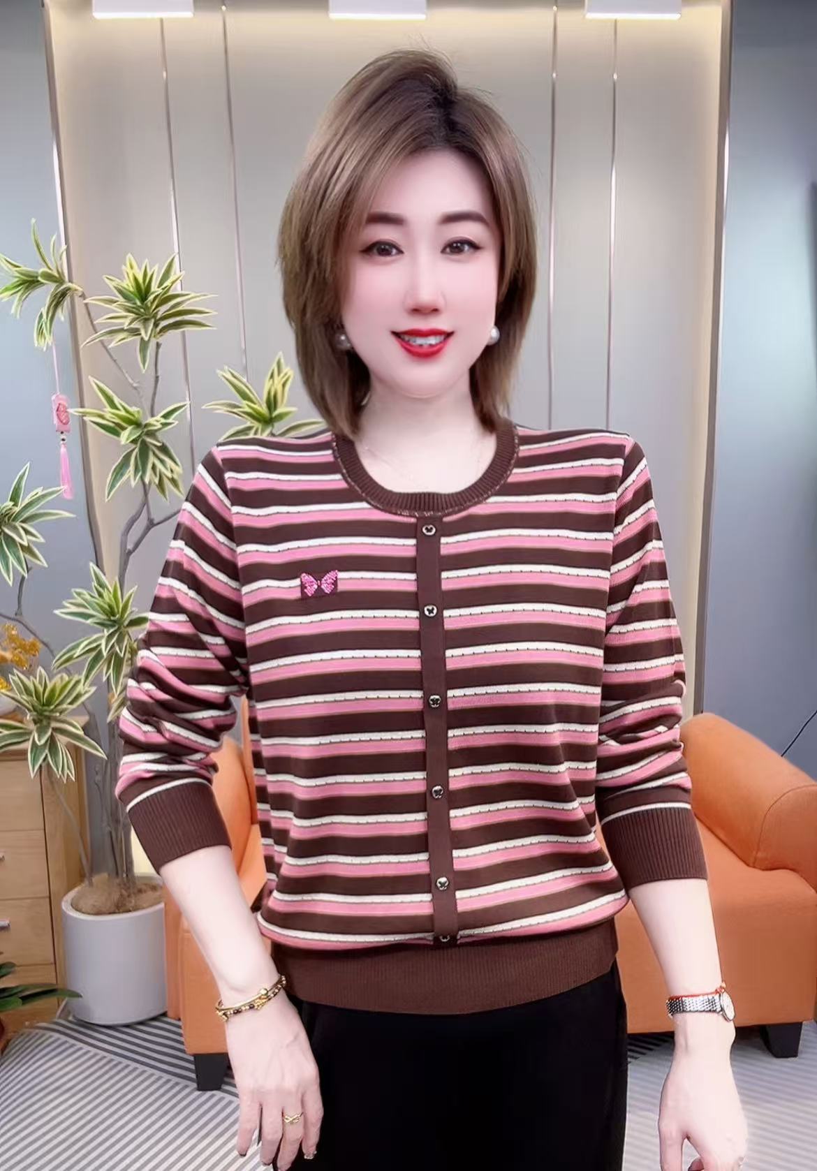 新款时尚洋气圆领莱赛尔天丝条纹衫37505