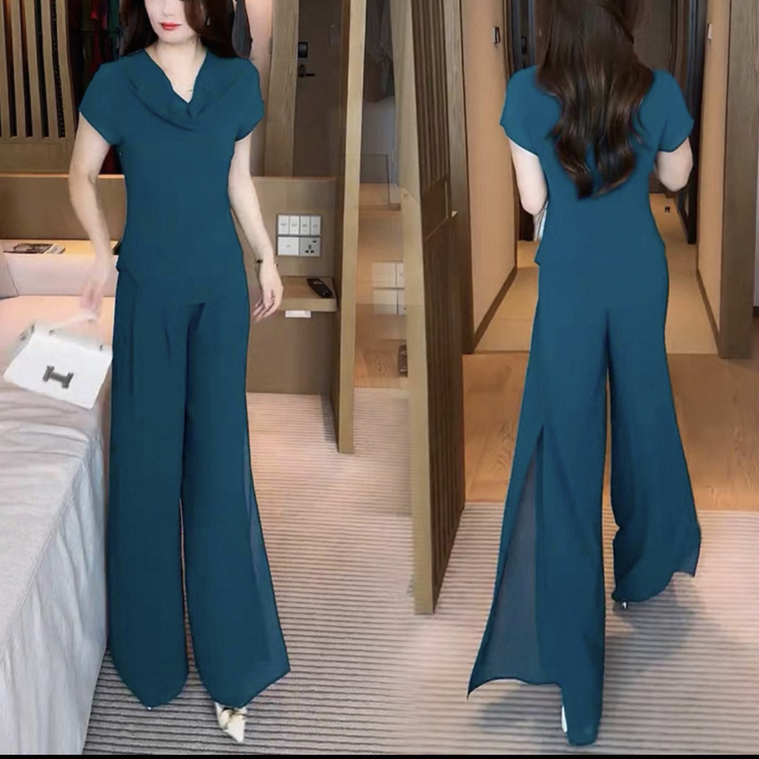 2462时尚套装女2025夏季新款气质显瘦设计感短袖上衣阔腿裤两件套