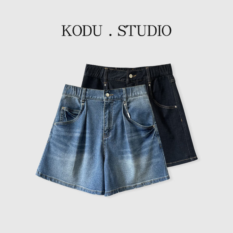 YI【刻度KODU】LY-5374夏季新品设计感百搭纯色阔腿短裤牛仔短裤