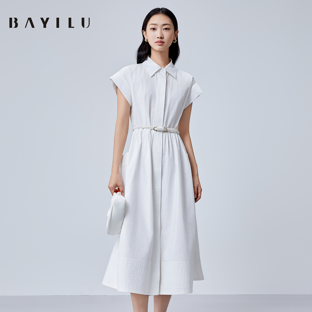 【力力淘】芭依璐夏季连衣裙女法式衬衫裙收腰长裙90L7068