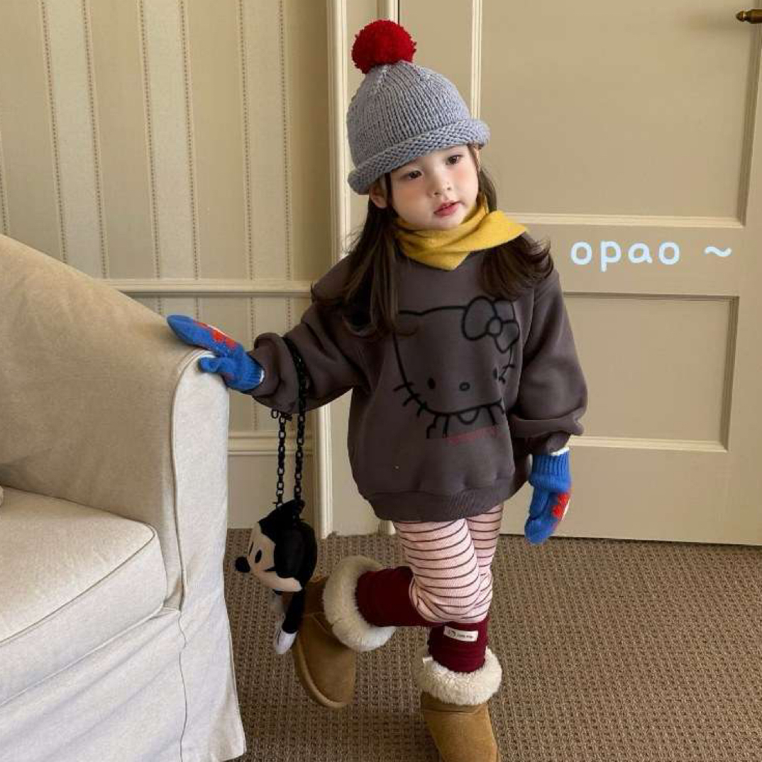 opao（现货）深秋儿童洋气条纹打底裤男友风春秋女套装加厚卫衣加绒