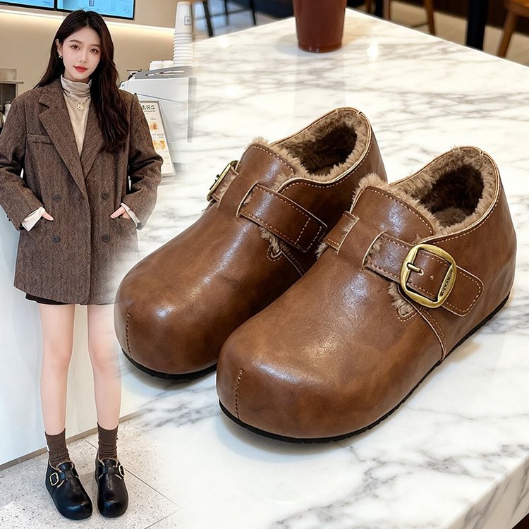 女款皮面加绒保暖防滑冬季新款2025年毛毛豆豆乐福棉鞋
