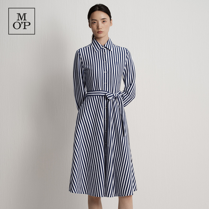 Marc O'Polo/MOP秋季时尚竖条纹修身显瘦衬衫式针织连衣裙收腰女