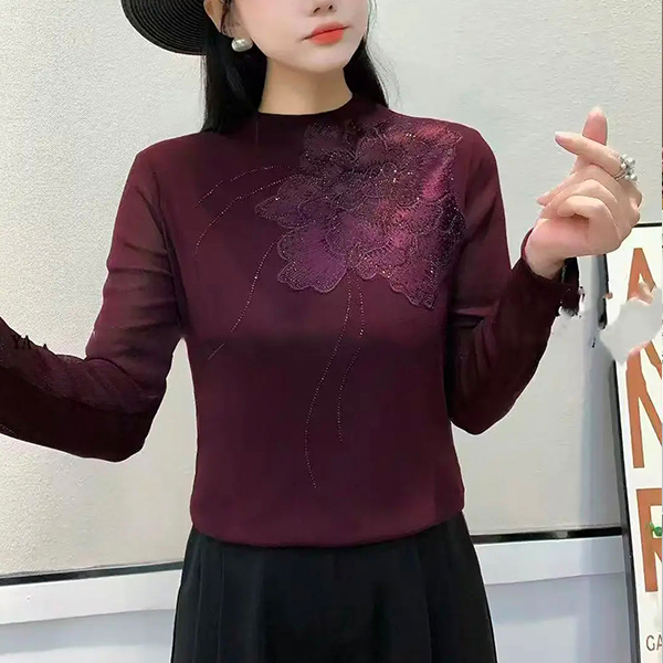 秋季上新时尚洋气修身网纱玫瑰长袖上衣女显瘦百搭遮肉小衫