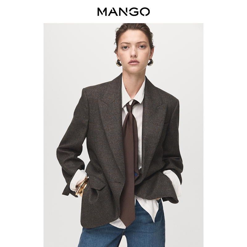 MANGO女装西装2025秋装新款休闲时髦千鸟格印花羊毛西装外套