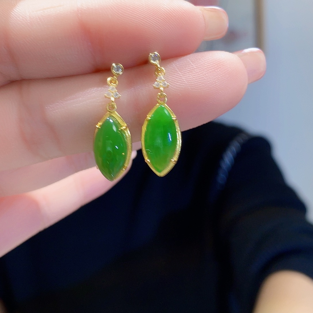 和田玉（碧玉）耳饰银S925镀金镶嵌