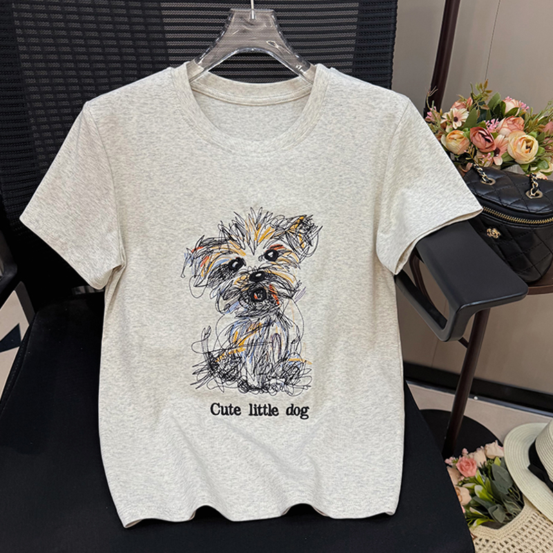 趣味减龄小狗刺绣短袖t恤女夏季韩版休闲时尚体恤洋气上衣潮