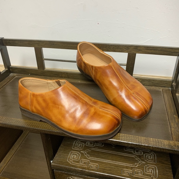 头层马皮手工复古分趾平底单鞋女舒适百搭休闲风