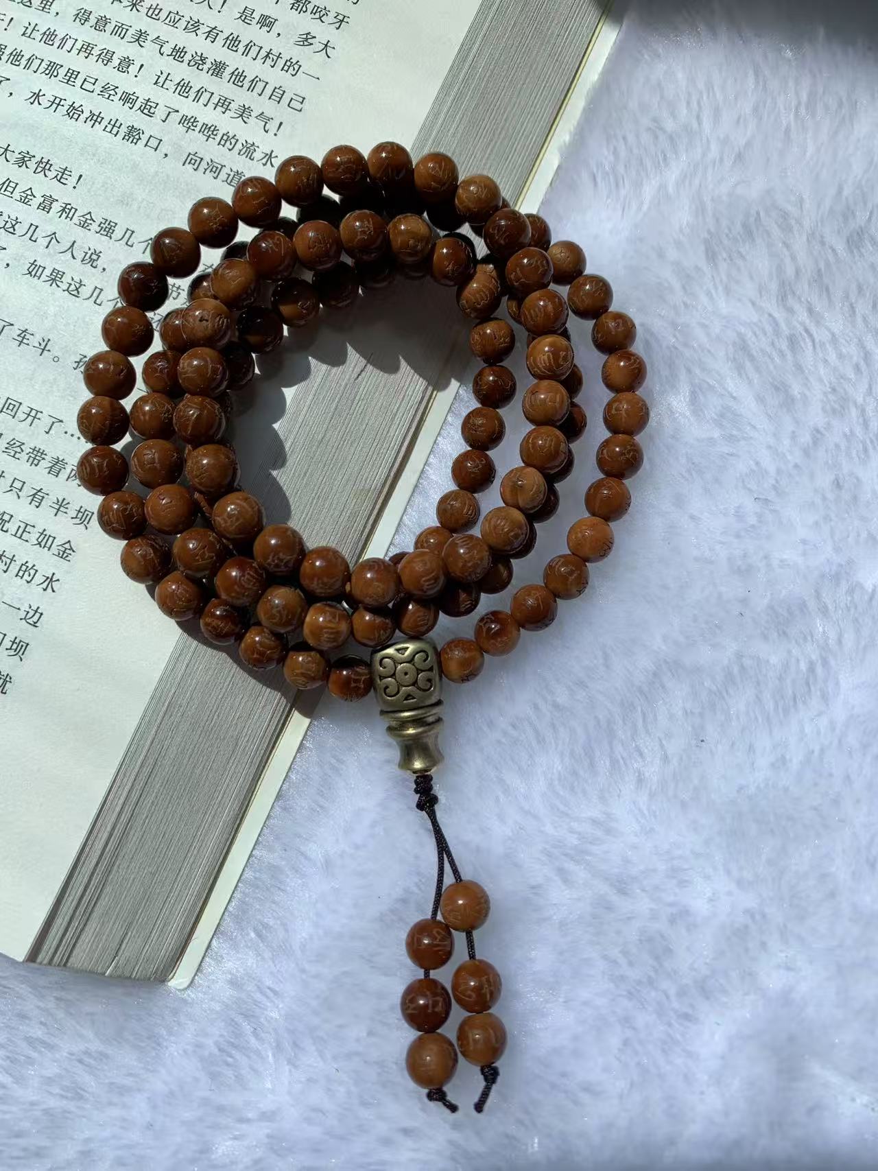 库克老料圆珠带雕刻六字108颗多圈学习手串脖挂念珠佛珠功课珠