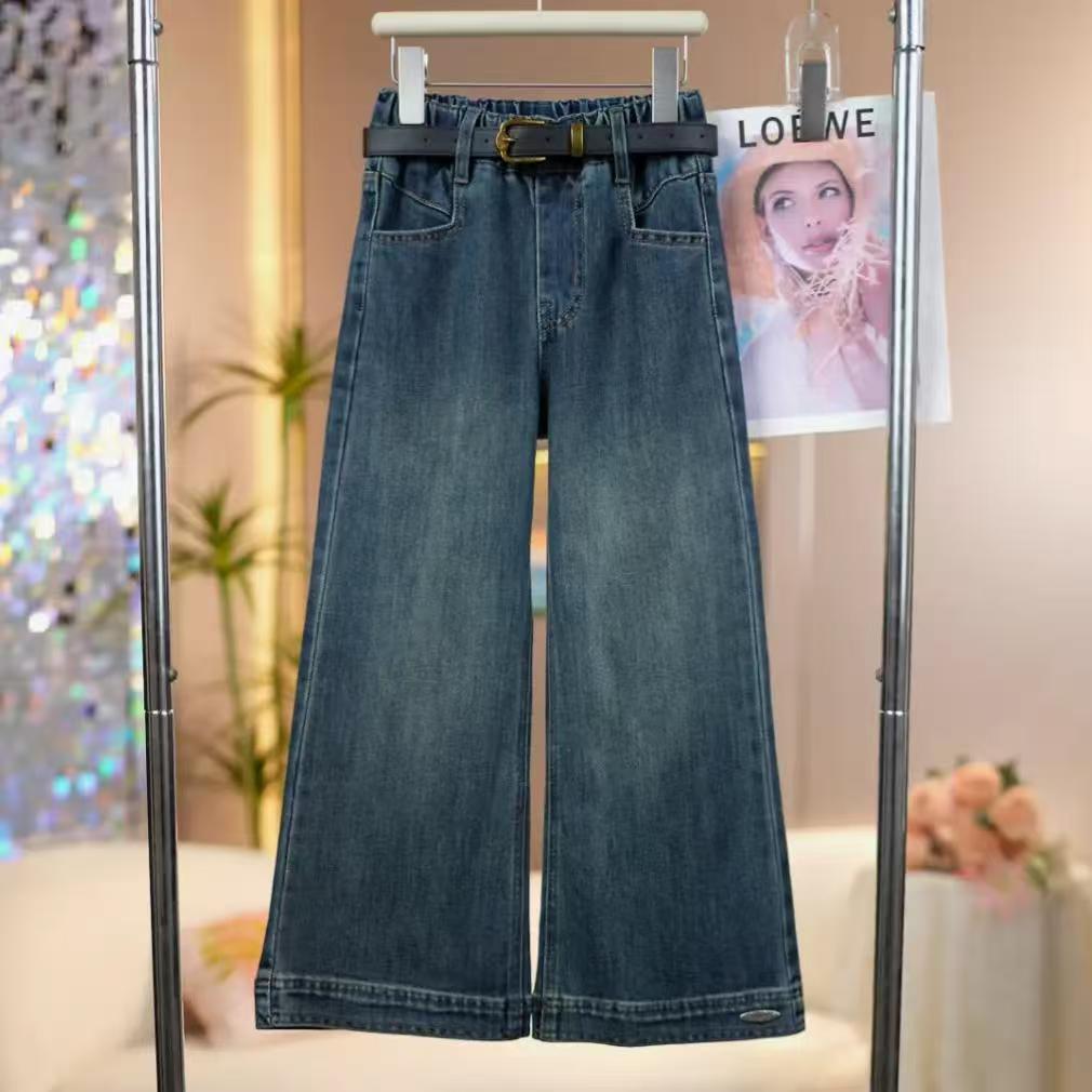 女童2025秋季新款设计口袋牛仔裤中大童时尚百搭儿童直筒阔腿裤子