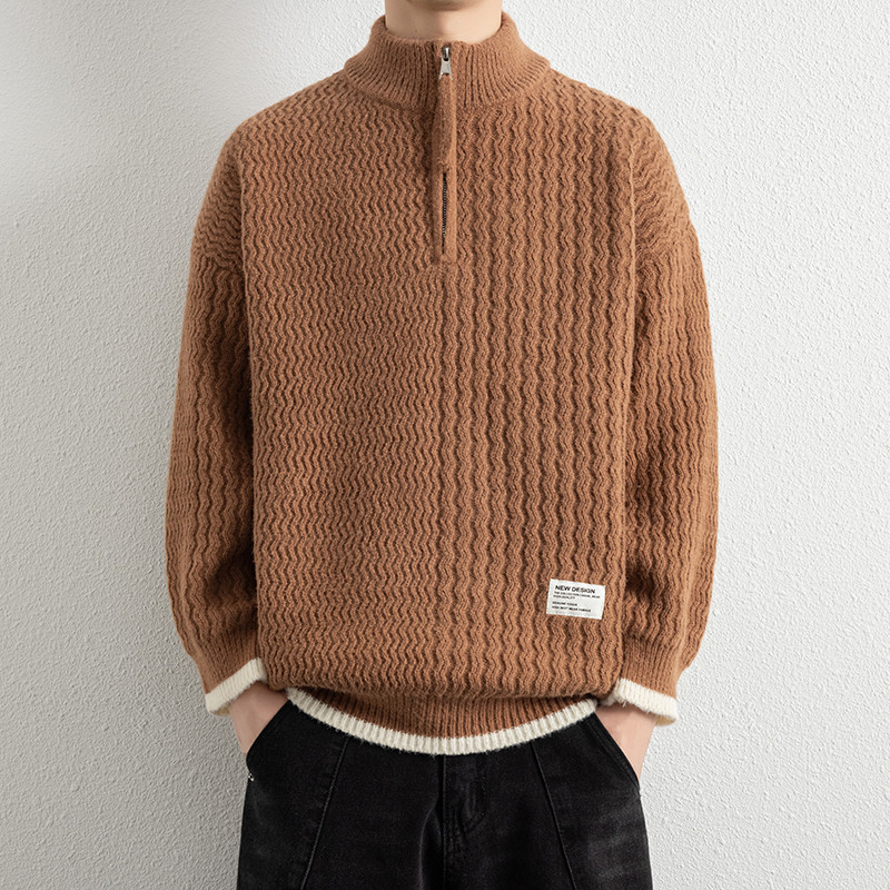 【新款】2025秋冬季时尚半高拉链领毛衣男士提花套头针织衫WE25633