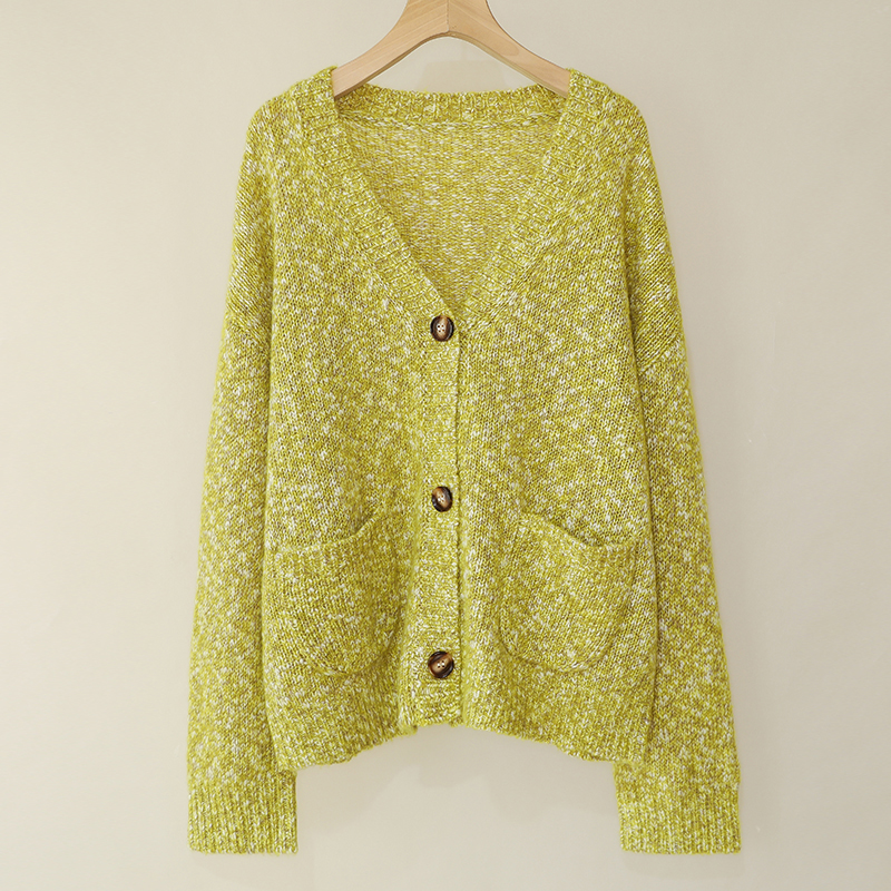 【果绿】新款山羊绒V领毛衣开衫外套女气质简约针织衫宽松上衣