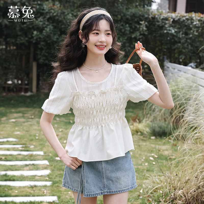 【小铃铛】TU24630法式拼接假两件吊带衬衫女设计感小众泡泡袖上衣