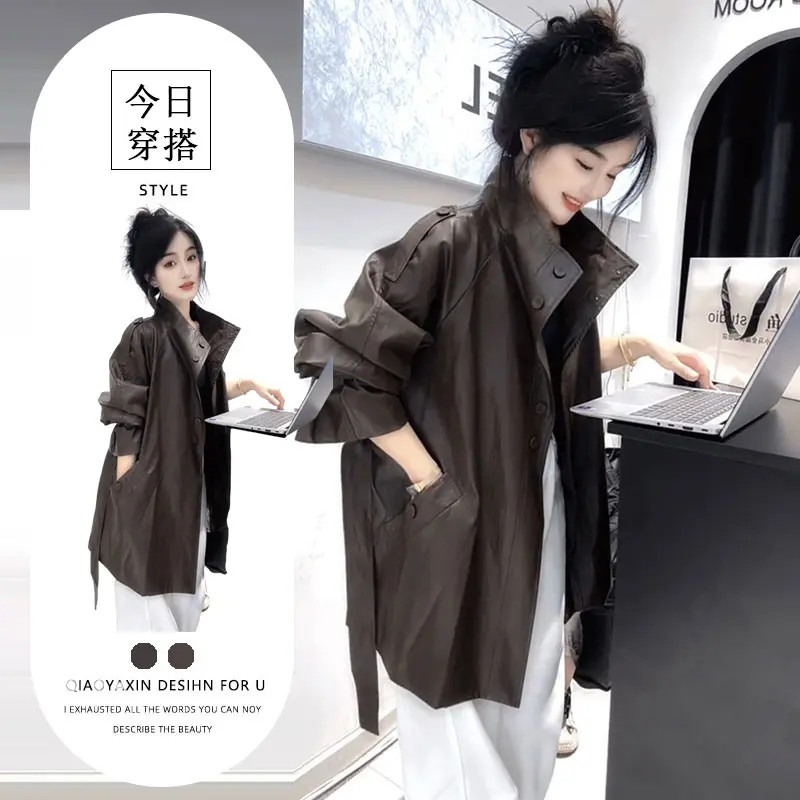 E591网红新款短款皮U风衣外套女高级感咖色立领宽松显瘦大衣