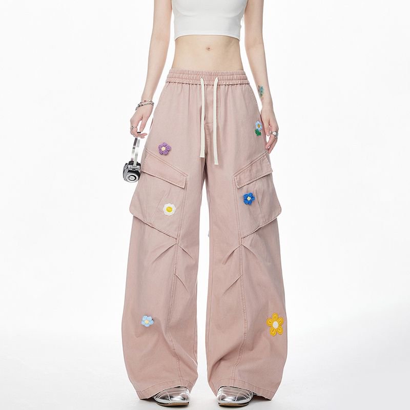 多口袋直筒男女美式宽松花刺绣伞兵裤工装裤男女同款