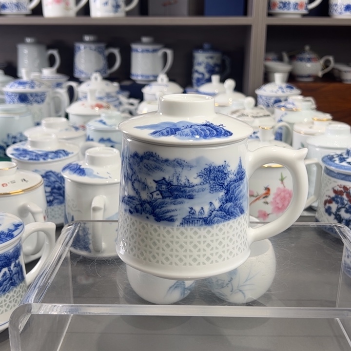 杯子玉**舞景德镇手工手绘大好河山办公杯