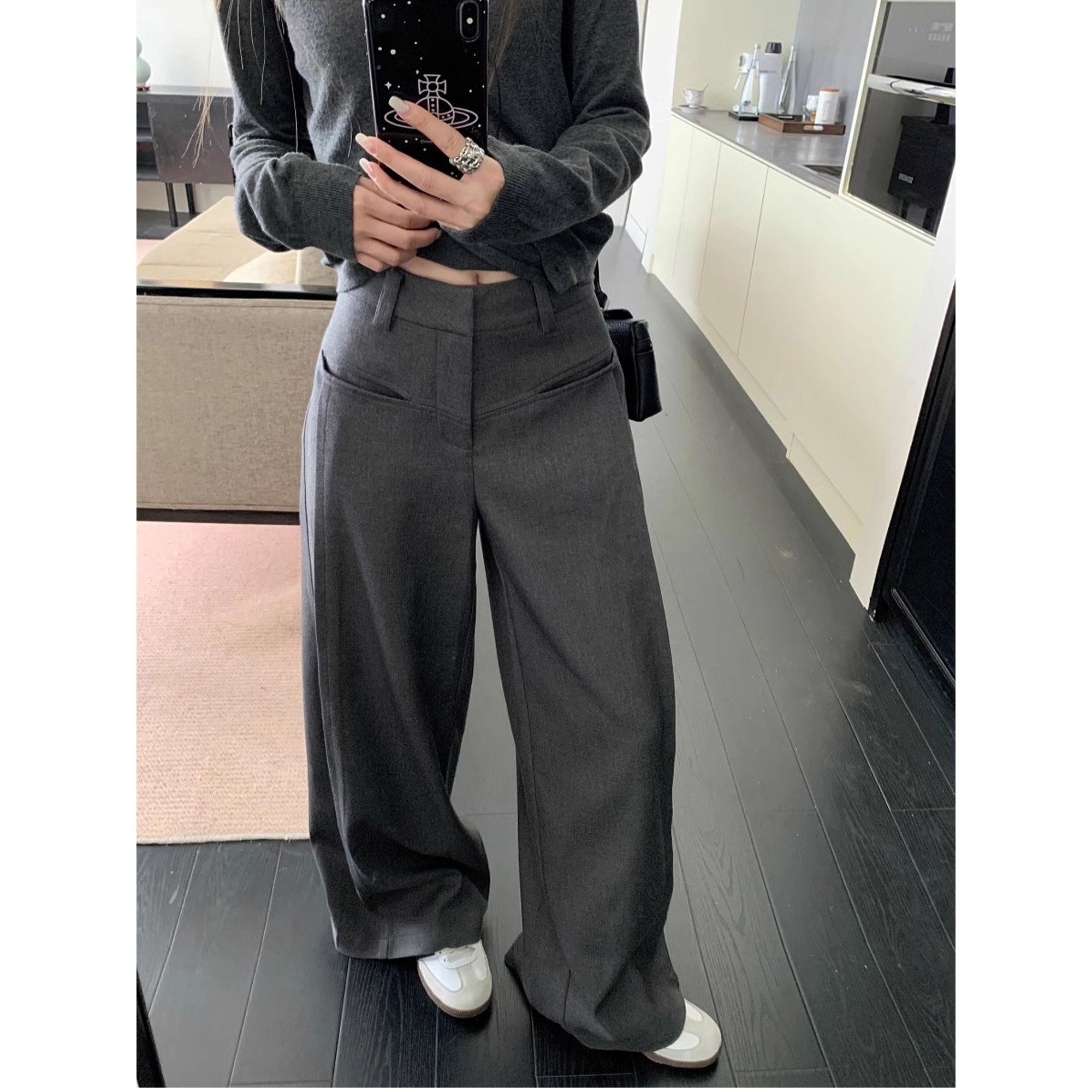 慵懒风垂感灰色西装裤休闲裤女秋季百搭高腰阔腿裤直筒长裤拖地裤