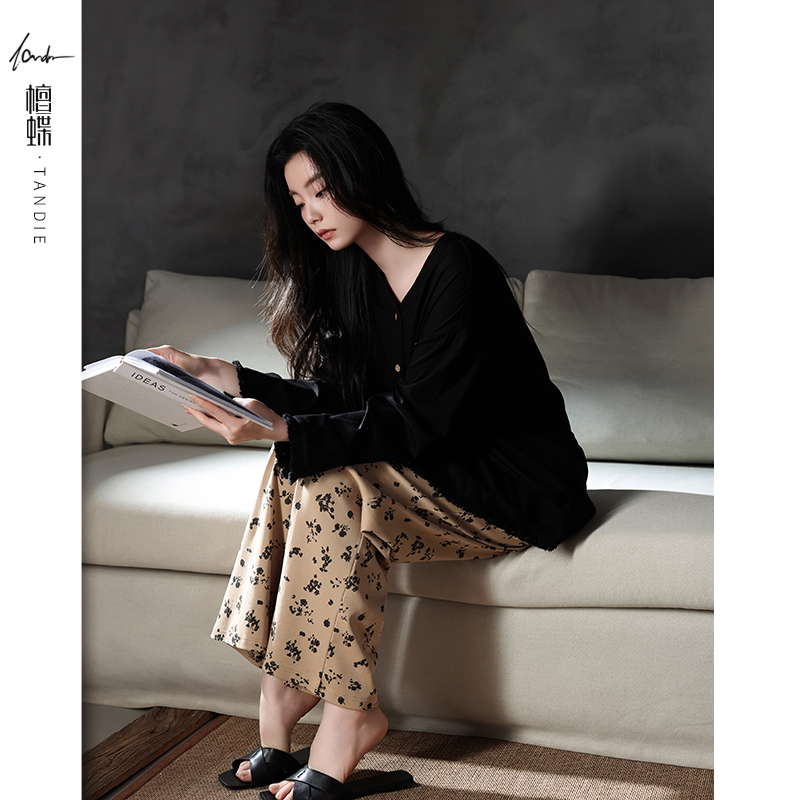 檀蝶休闲长袖家居服套装套装V领长款睡衣秋季高级感睡衣女士