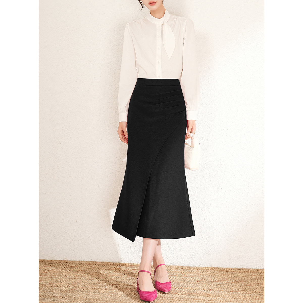 【小铃铛】白鹿语时尚不规则前搭片设计气质捏褶修身半身裙BL10077