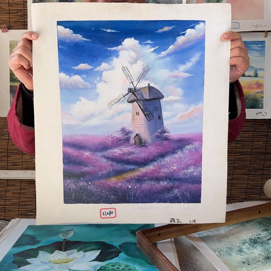 油画行路人小院绘画