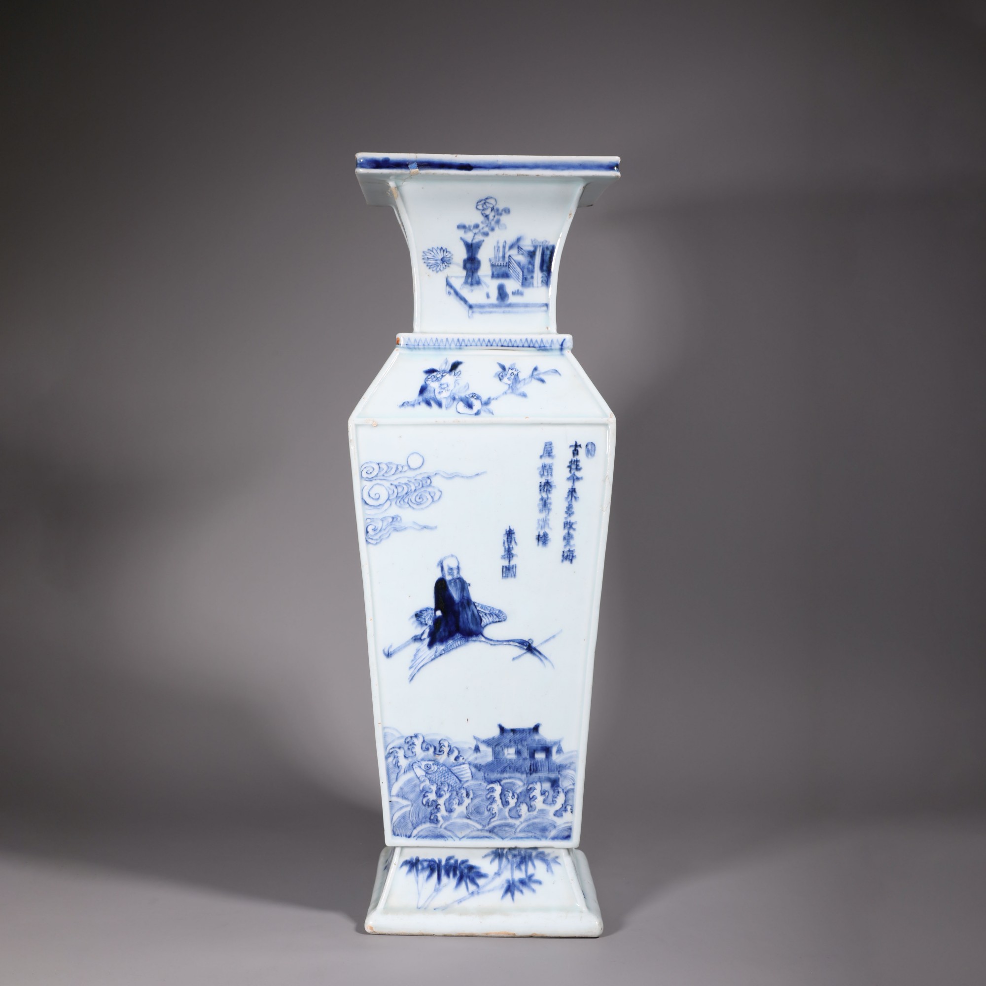 LOT112608 清雍正 青花山水神仙人物诗文四方瓶 古董拍卖