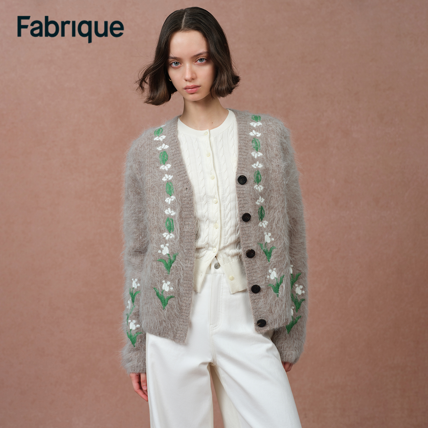 Fabrique Piper【小铃兰开衫】空谷幽兰刺绣羊驼毛亲肤花卉针织开衫
