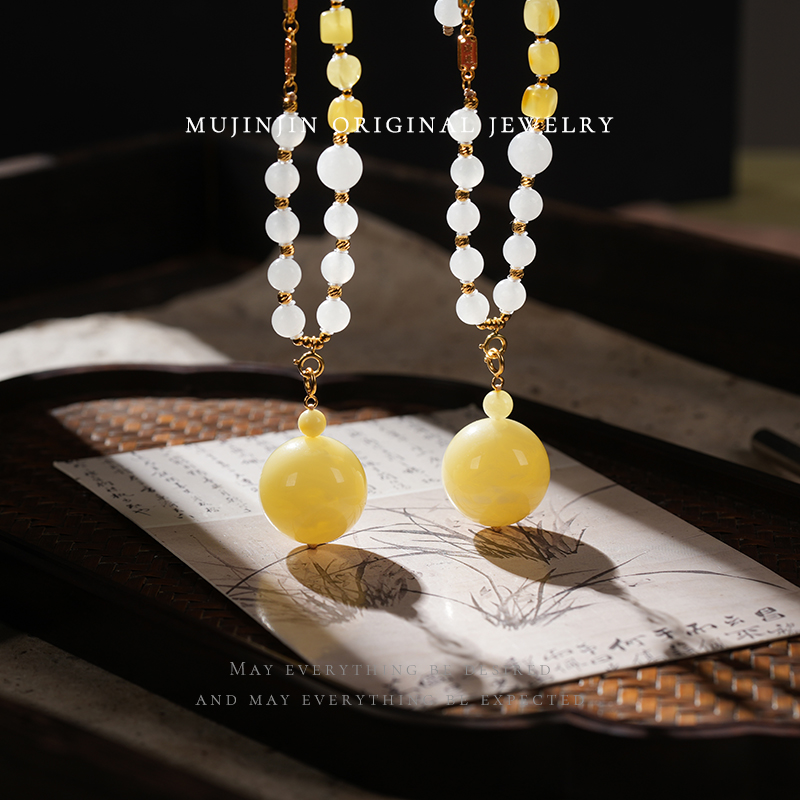 【木槿槿】天然白花蜜蜡吊坠女款国风设计款项链QS3558多样性发一