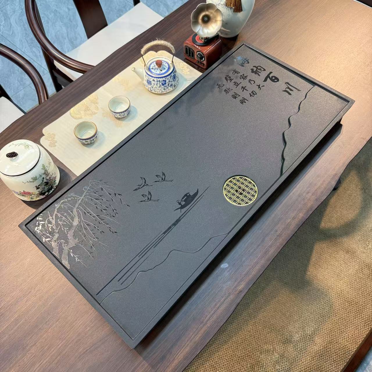 新款海纳百川乌金石茶盘客厅办公两用直排下水干湿分离大尺寸茶盘