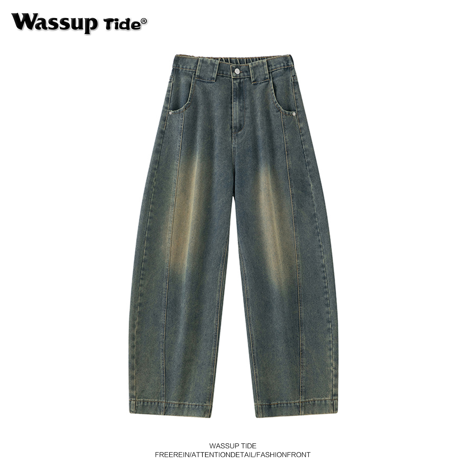WASSUPtide复古牛仔裤男秋冬季小弯刀水洗做旧美式阔腿宽松休闲裤