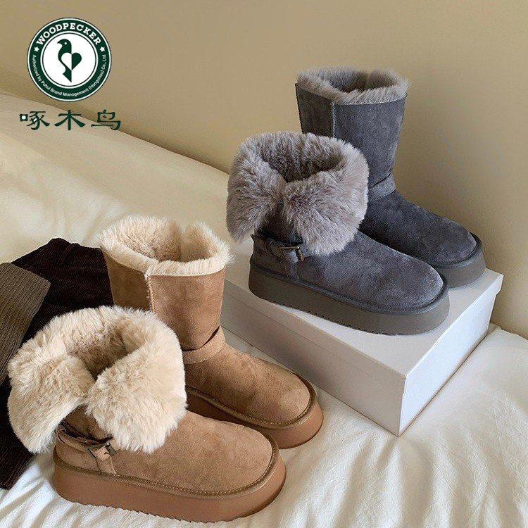 啄木鸟厚底皮毛一体中筒雪地靴女冬季加绒保暖防滑东北毛绒棉鞋