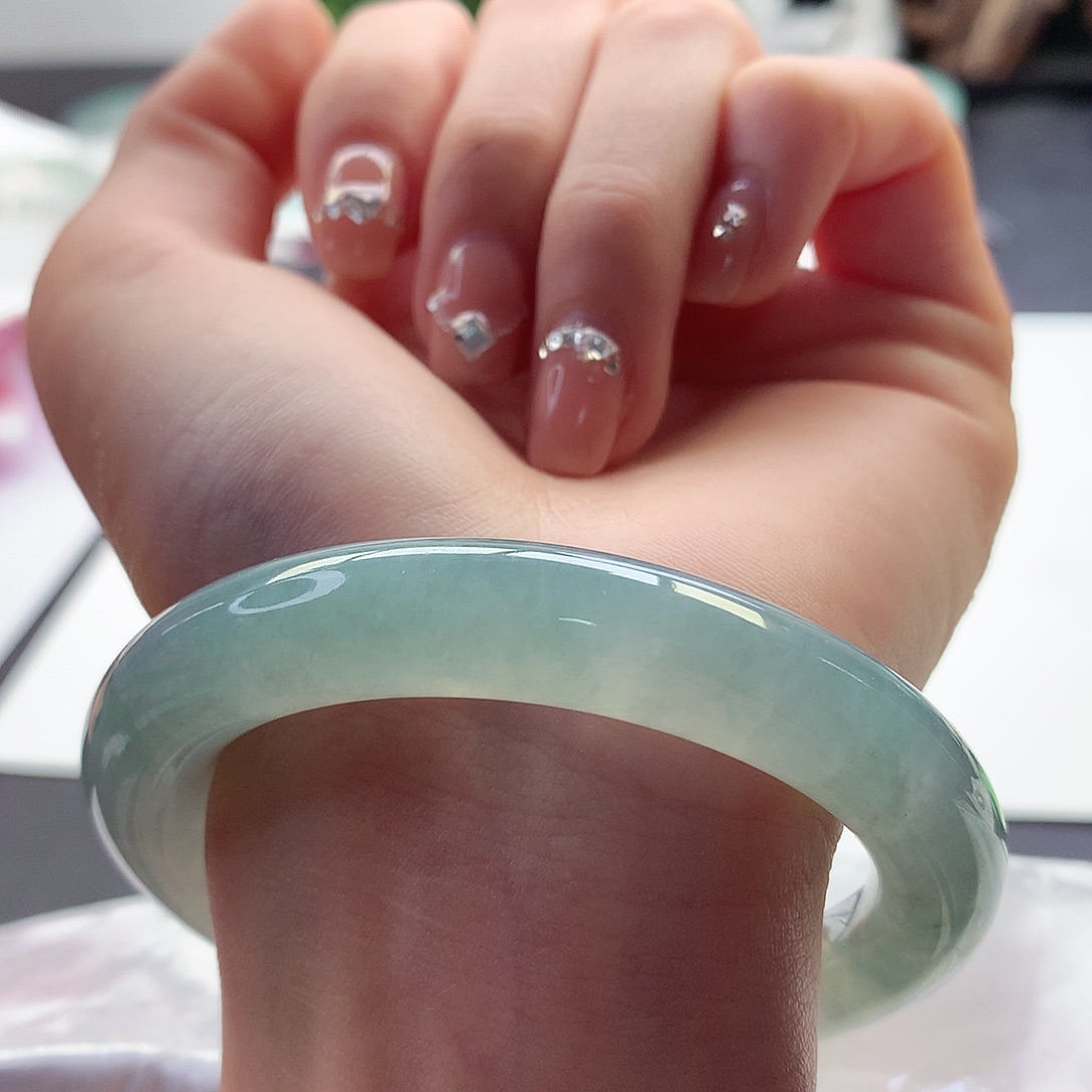 翡翠手镯未镶嵌天然翡翠55-56老蓝水胖圆