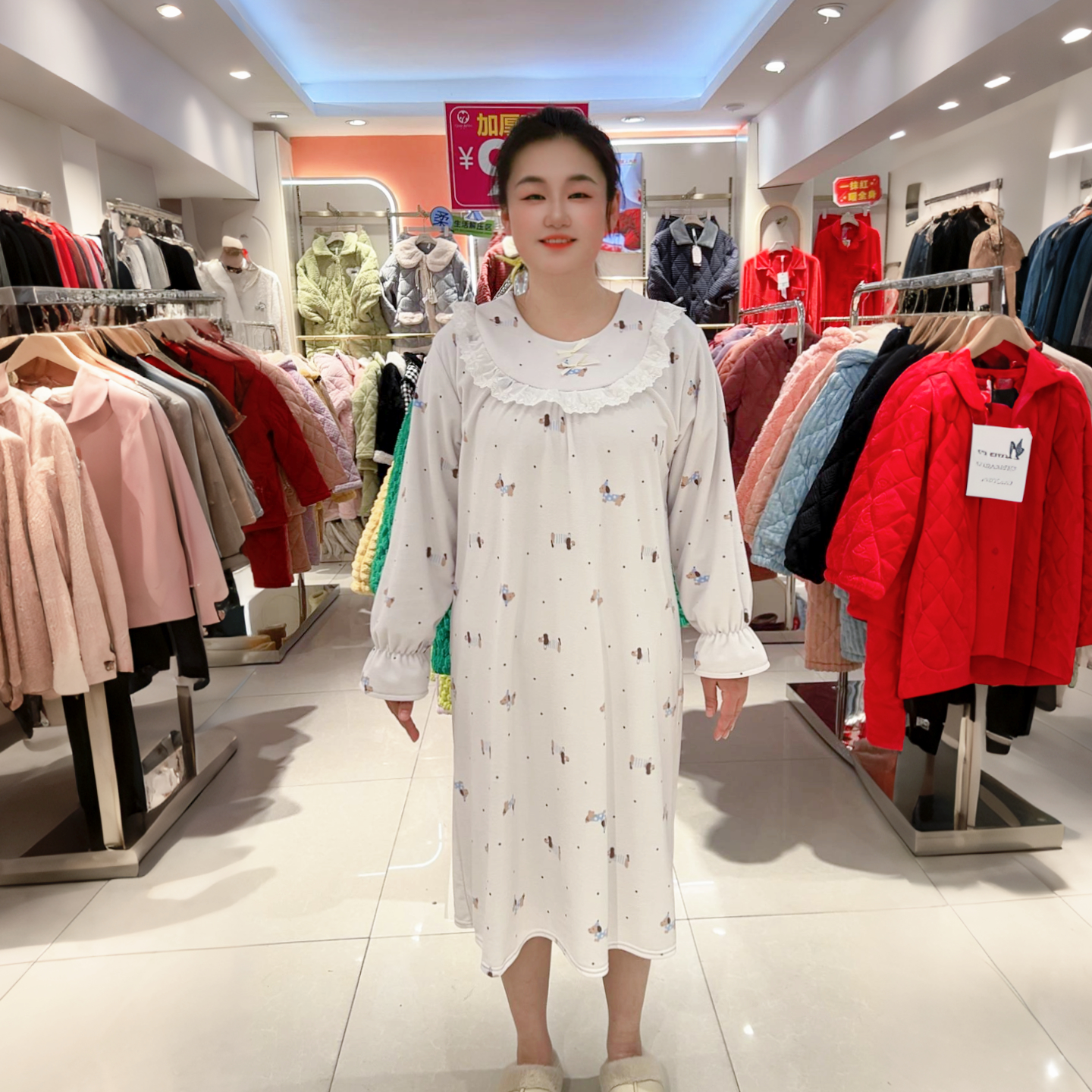 长袖女不起球成人碎花荷叶边睡裙舒适家居服甜美冬季舒适宽松长款