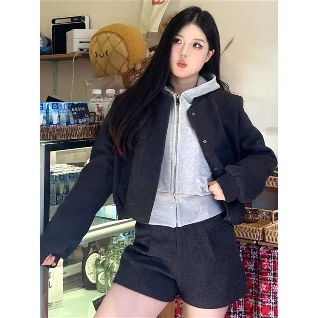 2025秋冬新款灰色休闲宽松百搭设计感国风高级感棒球服短款外套女