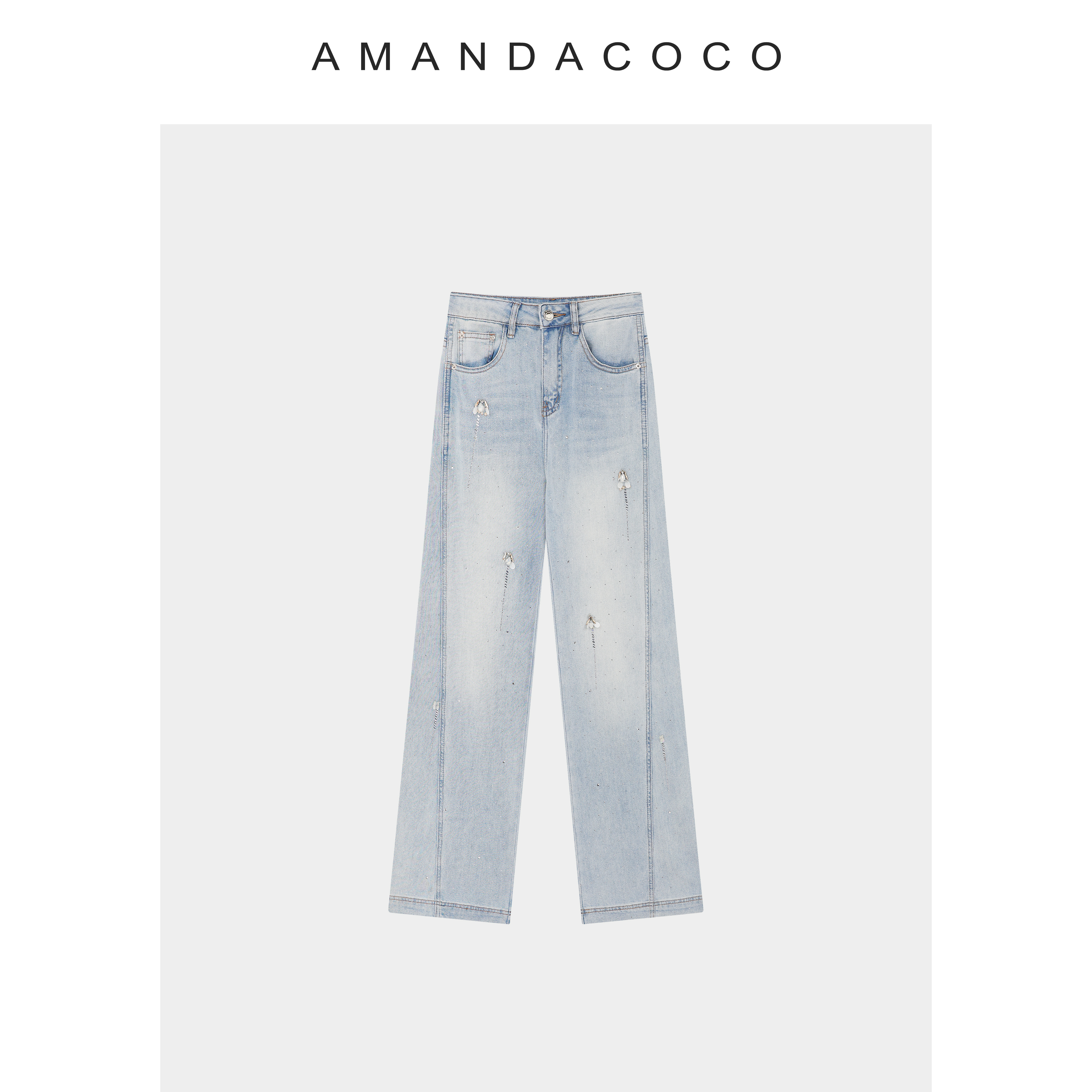 蓝屿漫迹～夏季重工烫钻渐变洗水百搭显瘦牛仔阔腿裤