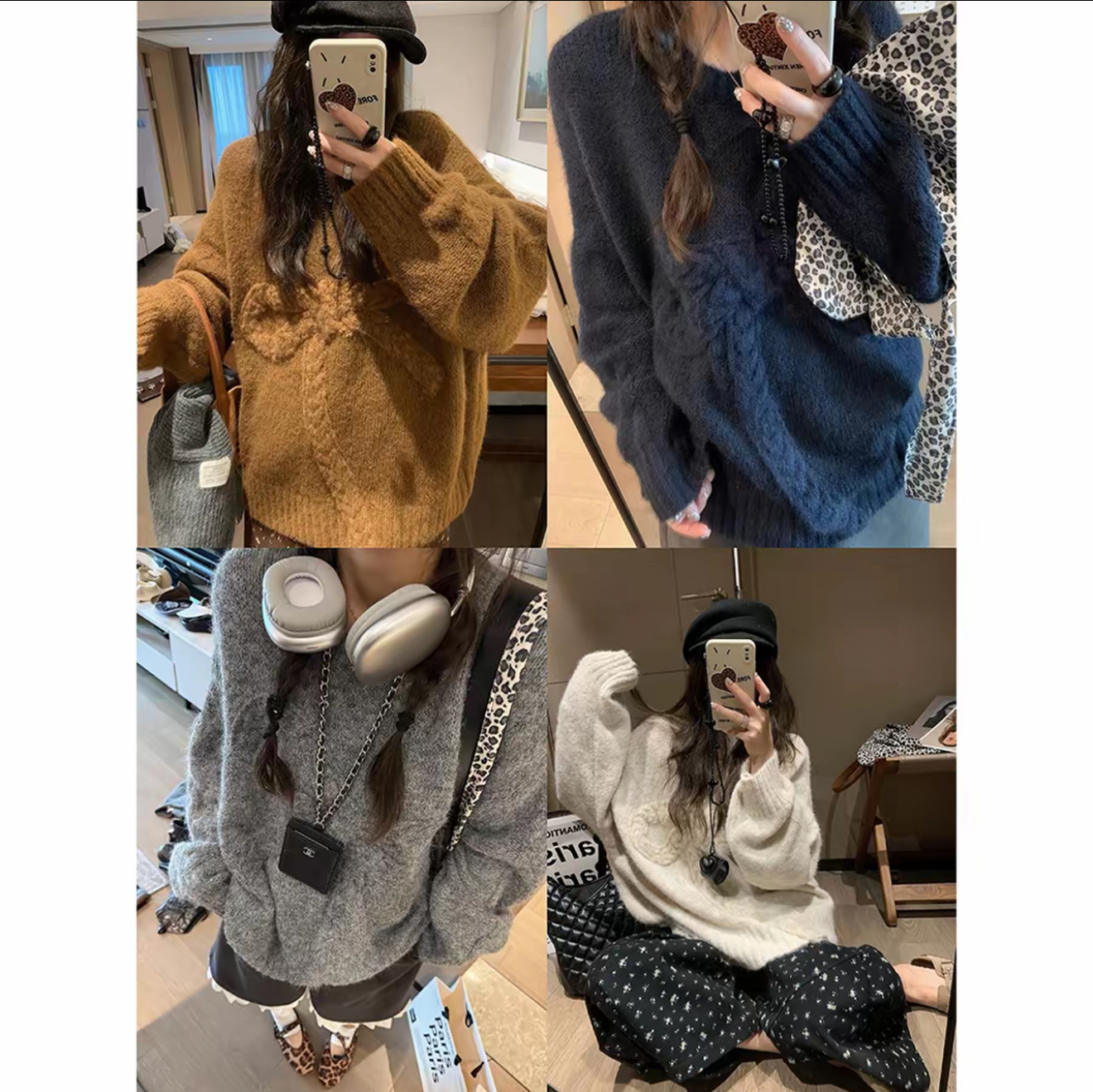 韩系秋冬氛围感立体蝴蝶结圆领毛衣慵懒软糯宽松大版针织衫女9700