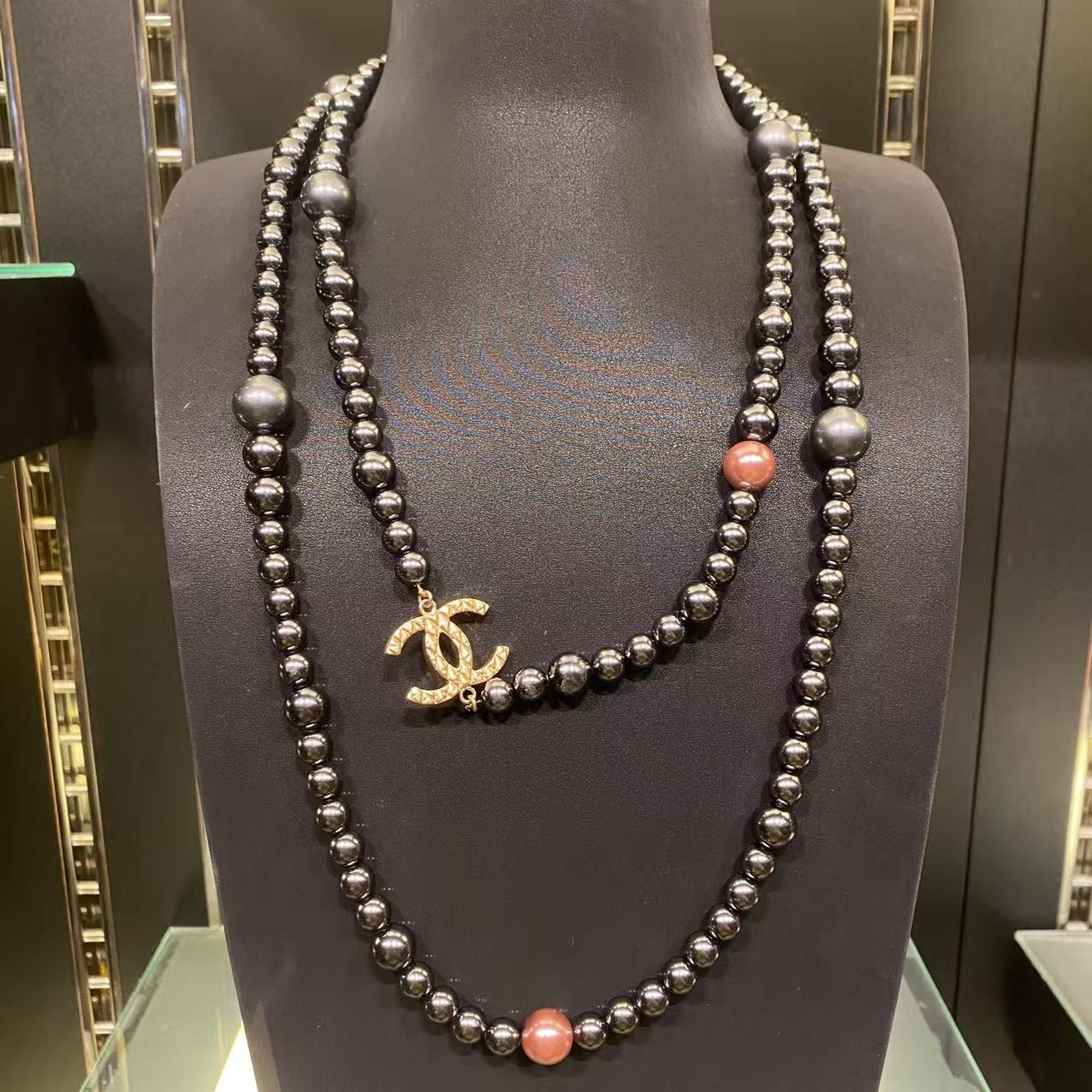 95新 Chanel/香奈儿 中古大溪地色珍珠双C项链/MJ51215