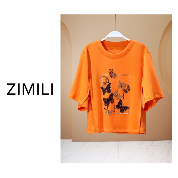 【亮哥女装】2025夏《迟夏》轻薄透气冰凉橙色蝴蝶烫钻休闲T恤8039-C5