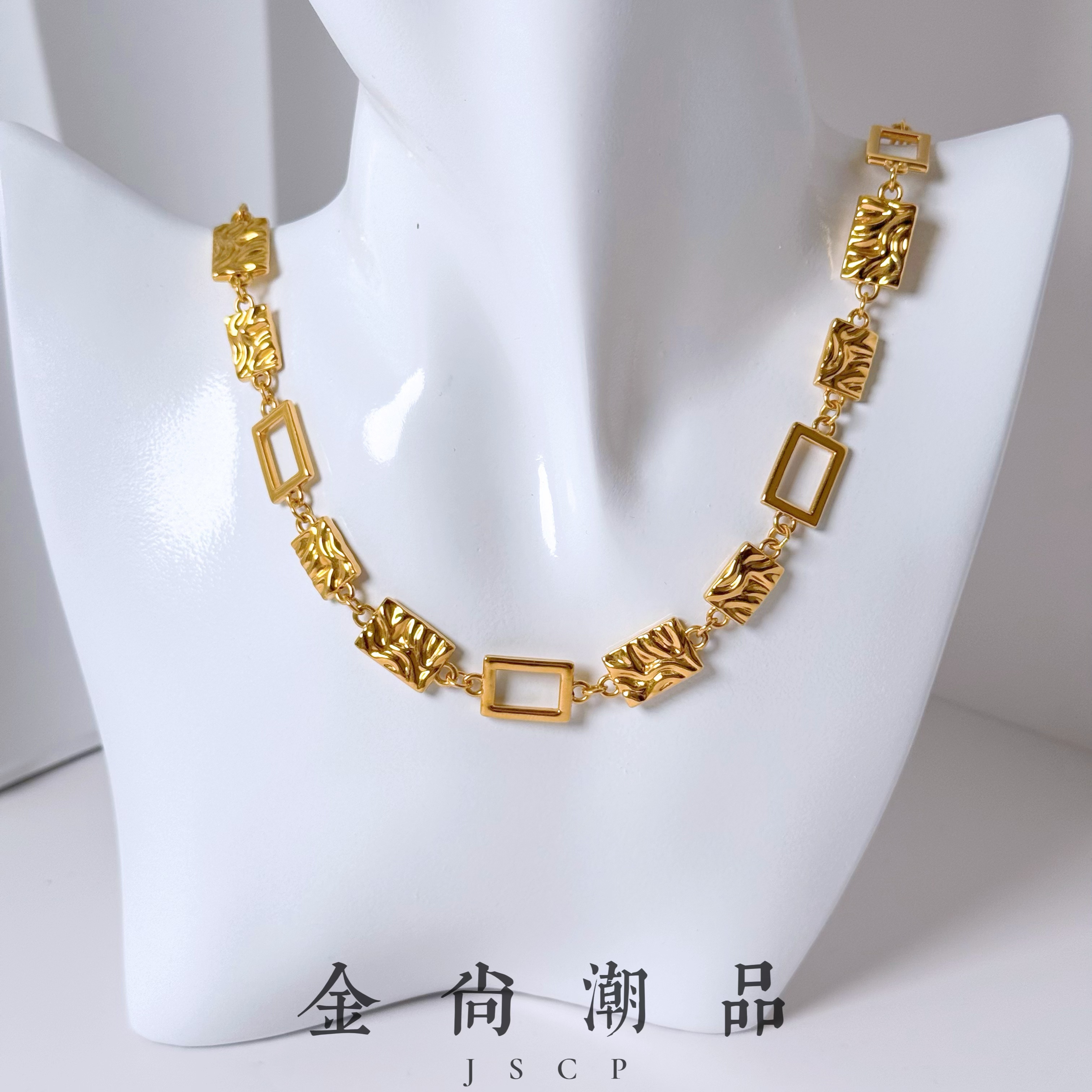 【水波纹方牌】足金999黄金5D无氰工艺几何水波纹方牌项链