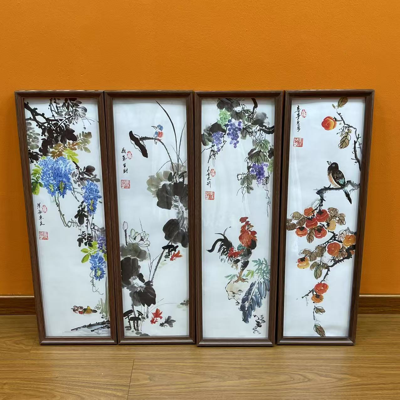 马迎春《花鸟四条屏》带框73*23cm 国墨堂