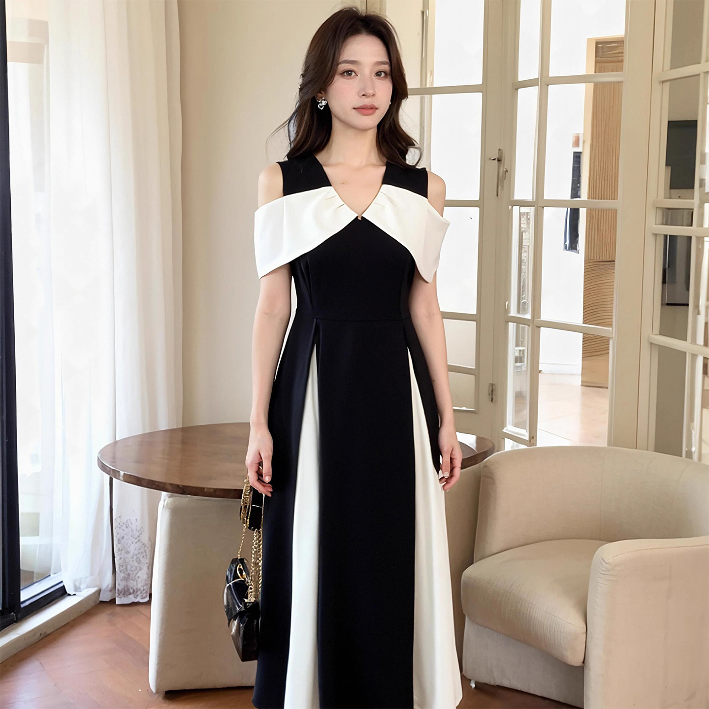 奢姿大码女装2025夏季时尚减龄撞色连衣裙胖妹妹优雅设计感裙子
