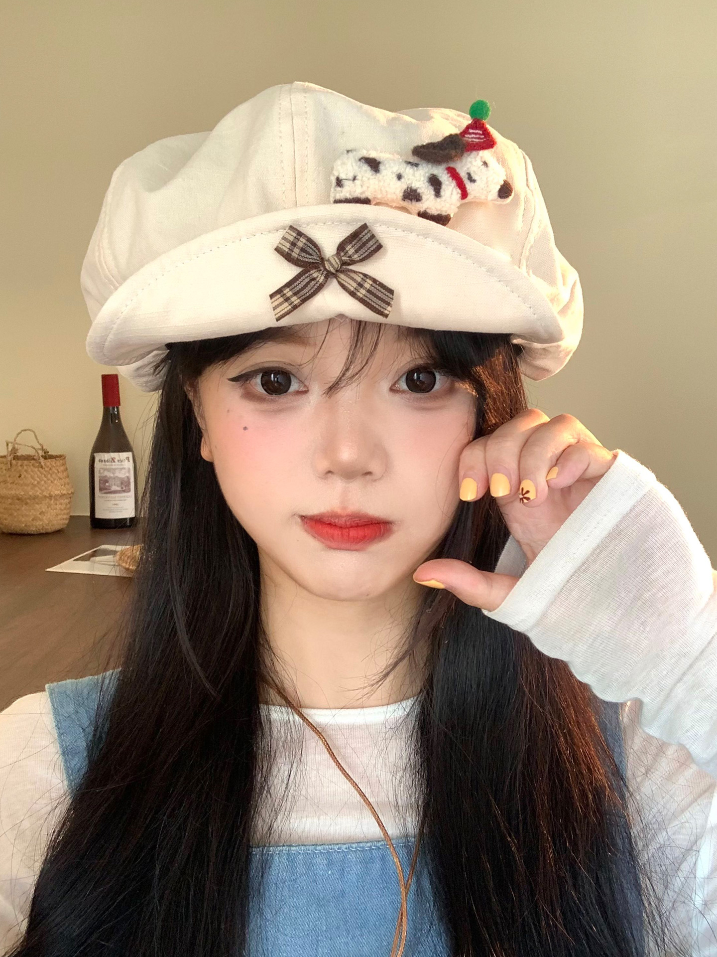 日系可爱卡通玩偶大头围翻檐八角帽子女春夏季甜美百氛围感贝雷帽