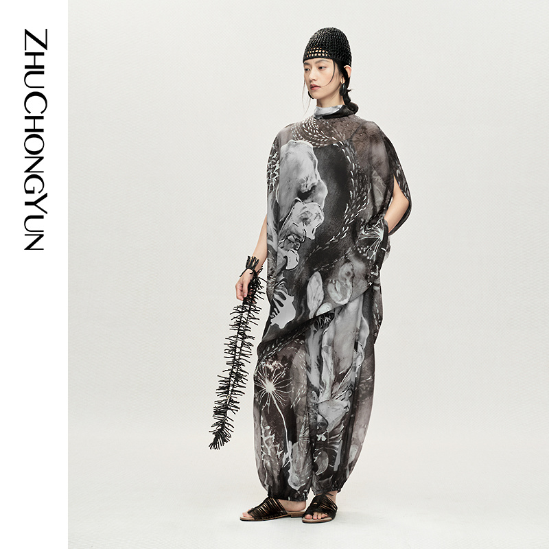 【深海之境】ZHUCHONGYUN2026夏新款雪纺印花休闲阔腿裤C1GB23925