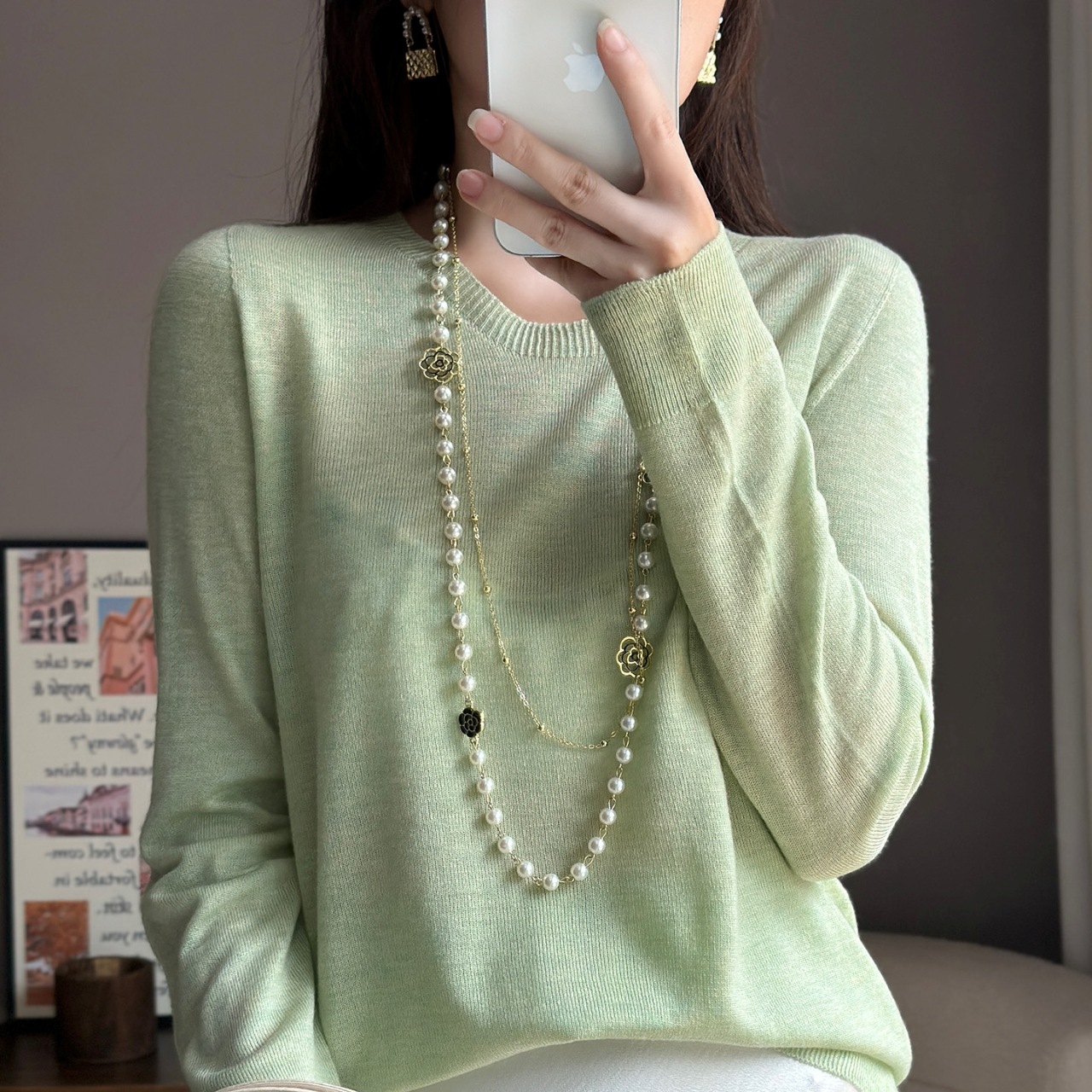 精纺羊毛春夏薄款针织套头圆领毛针织衫打底衫女长袖软糯B1084