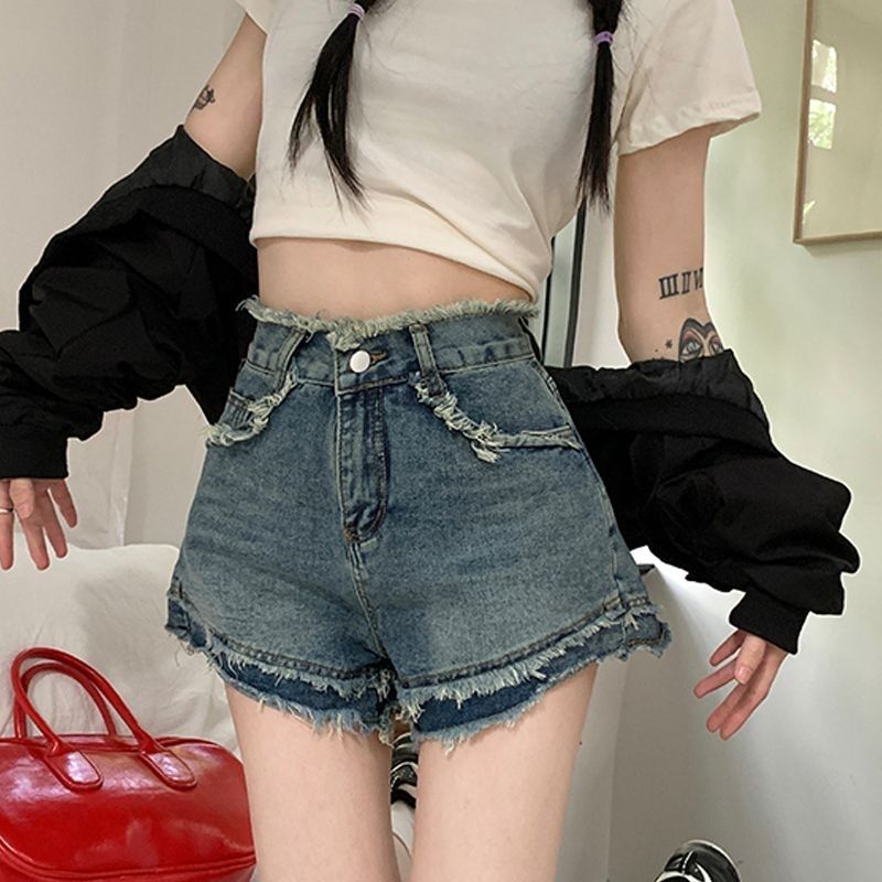 051毛边辣妹高腰牛仔短裤女夏季高街新款显瘦设计感复古阔腿A字